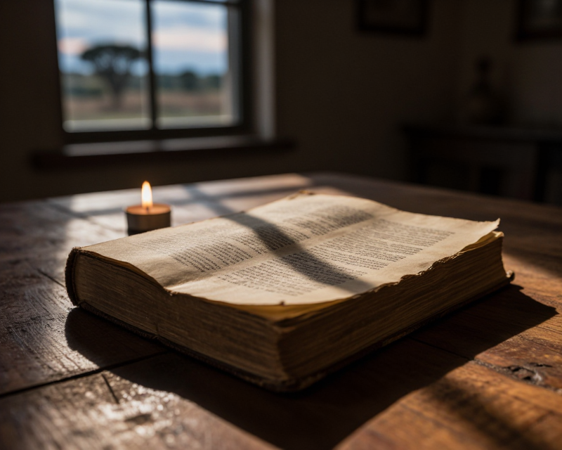 A cinematic and somber close-up shot of an old, worn Bible resting on a rustic wooden table in a dimly lit room. A single, small candle flickers nearby, casting long, melancholic shadows across the textured paper of the book. In the background, the soft, out-of-focus silhouette of a window reveals a quiet, twilight atmosphere of a rural African landscape. The lighting is warm yet mournful, emphasizing textures of aged wood and parchment, creating a deep sense of loss and prayerful solitude.