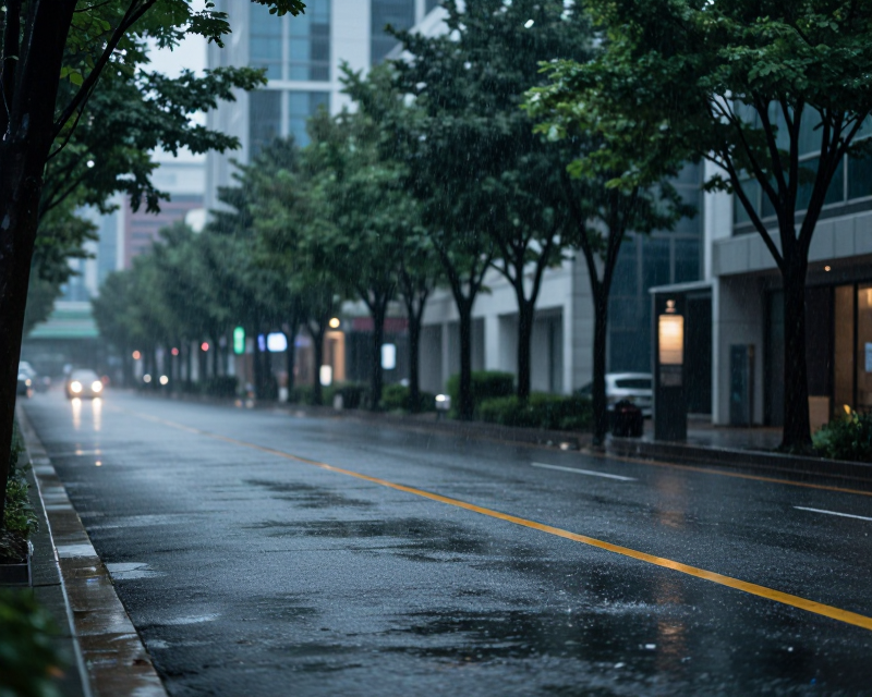 Heavy rain in South Korean urban setting