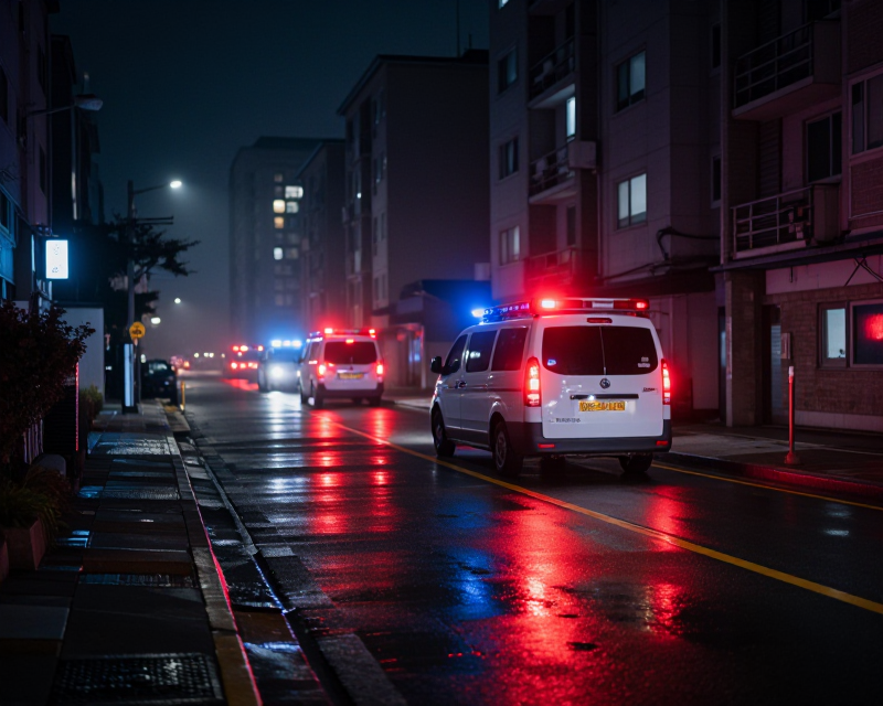 Cinematic night scene of a Korean apartment complex with emergency lights